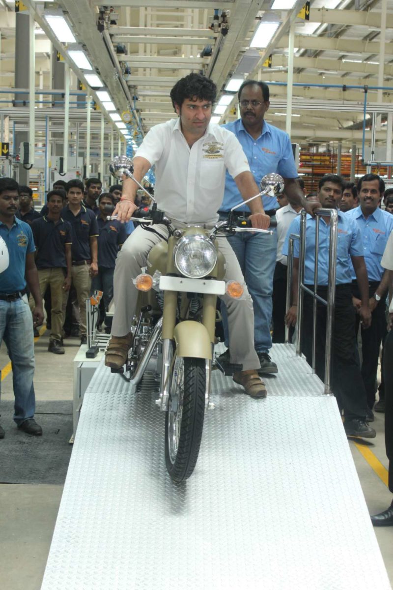 Mr Siddhartha Lal MD CEO Eicher Motors Ltd rolling out the first bike Royal Enfield Desert Storm from Oragadam Plant