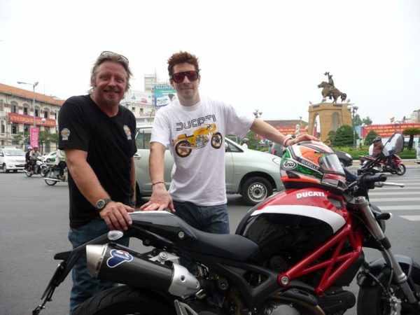 Charley Boorman and Nicky Hayden ready to set off on the Ducati Monster on the set of Freedom Riders Asia in Vietnam