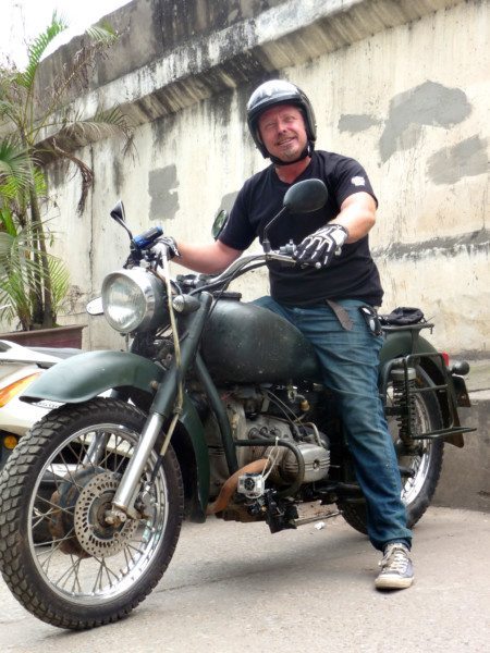Charley Boorman on the 650cc Ural on set filming Freedom Riders Asia in Vietnam