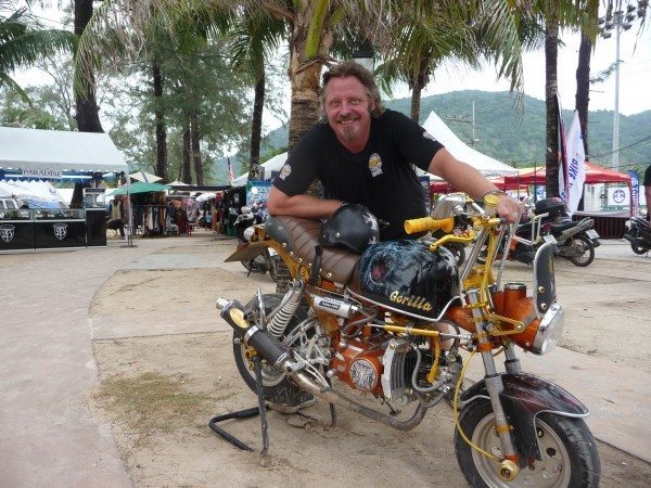 Charley Boorman with a bike from the Phuket Bike Week on set filming Freedom Riders Asia in Phuket Thailand