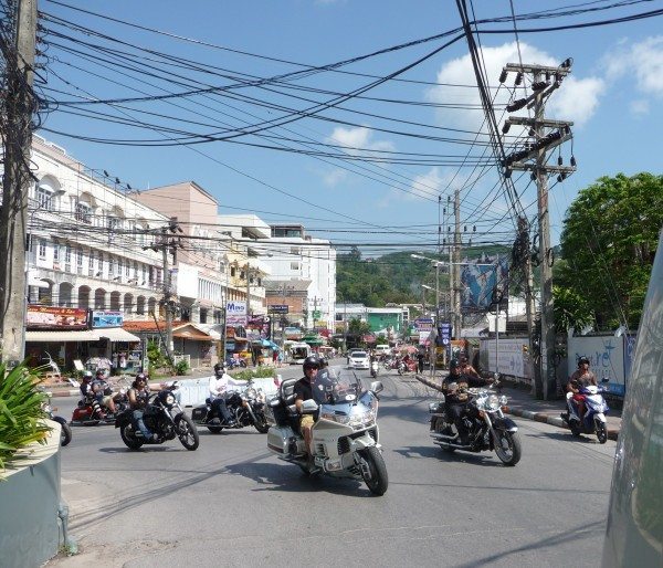 Charley Boorman with local bikers the Vampiers while filming Freedom Riders Asia in Phuket Thailand