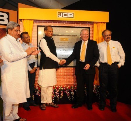 Shri Ashok Gehlot, Chief Minister of Rajasthan with Shri. Alan Blake, CEO, JCB Group and Mr. Vipin Sondhi, MD & CEO, JCB India at JCB's 4th Plant Foundation Stone Laying Ceremony in Jaipur