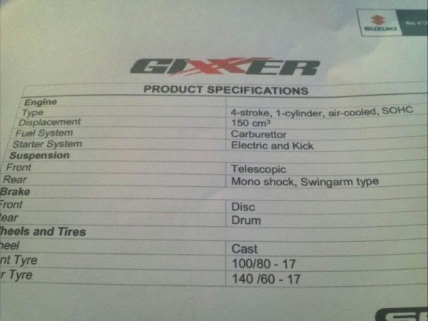 Suzuki Gixxer specs