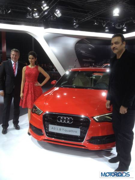 Mr. Joe King, Head, Audi India with Bollywood Actress Ileana D'Cruz and Former Cricketer Ravi Shastri at Auto Expo 2014