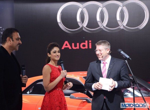 Mr. Joe King, Head, Audi India with actress Ileana D'Cruz and Ravi Shastri at Auto Expo 2014