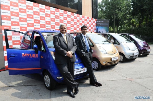 Mr. Rajiv Vij, MD- Carzonrent and Mr. Deepankar Tiwari, Head Institutional Sales - Tata Motors at the launch of Myles City Drive with Nano Twist in Delhi NCR (2)