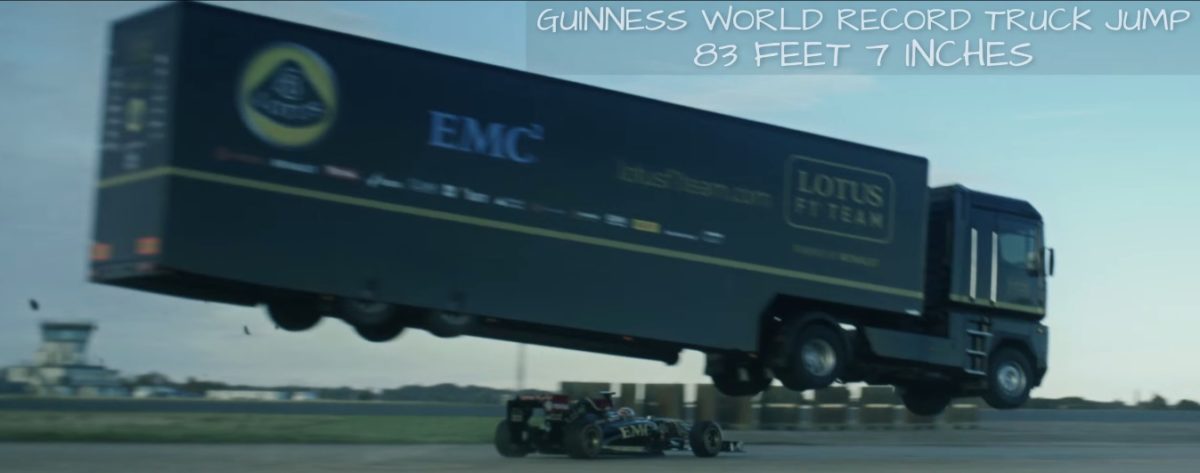 Semi Truck Jump Over a Speeding Lotus F Car