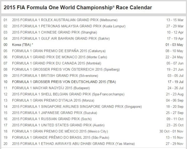 2015 F1 Calendar