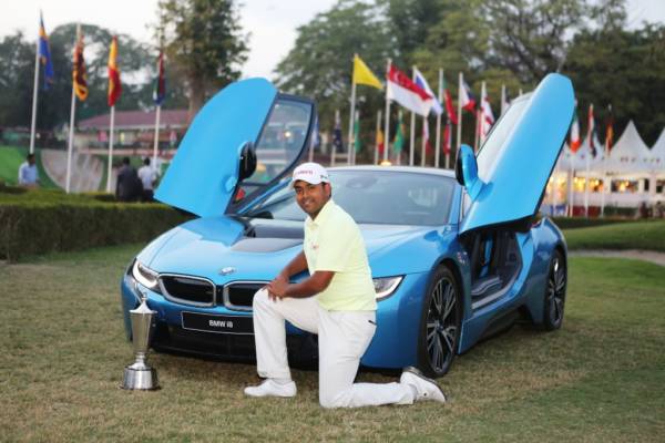 Mr. Anirban Lahiri, winner of the Hero Indian Open 2015 celebrating his ...