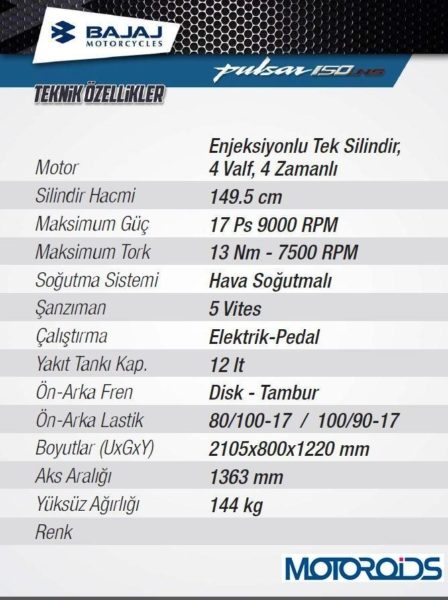 Bajaj Pulsar 150NS Technical Specifications