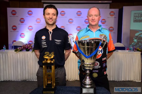 L-R Darren Turner and Ian King at Gulf Oil Celebrates World Endurance Championship wins of Aston Martin Racing & European Drag Racing champion Ian King