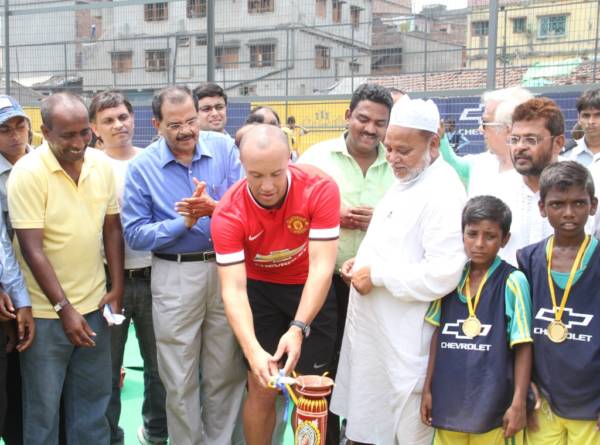 P Balendran VP GM India nd from Left and Mikael Silvestre Man United legend in Red T shirt inaugrate the renovated Rebecca Belilious Sports Ground in Kolkata on Saturday