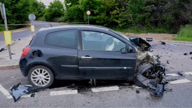 The car sustained irreparable damage, though the driver survived The car sustained irreparable damage, though the driver survived