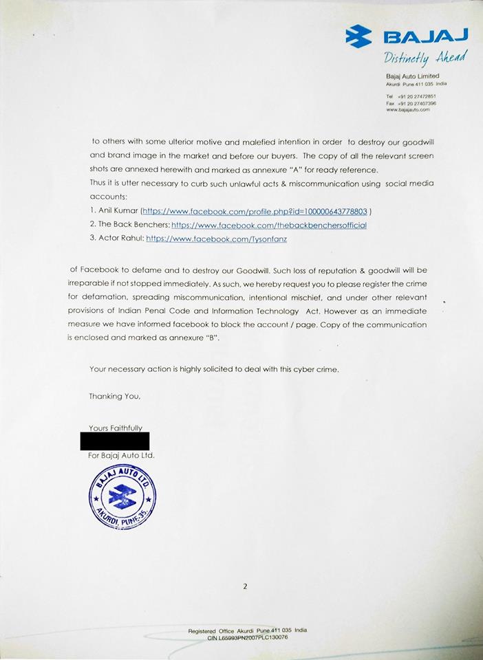 Bajaj Issues Notice for KTM FB Post - 2
