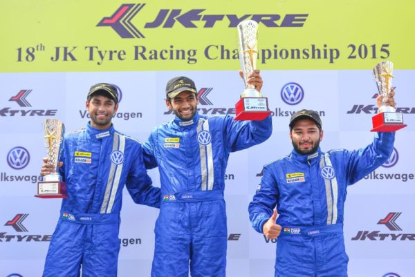 Vento Cup 2015 Round 1 Race 1 - Sailesh Bolisetti (Winner, Centre), Anindith Reddy (2nd, Left) and Karminder Singh (3rd, Right)