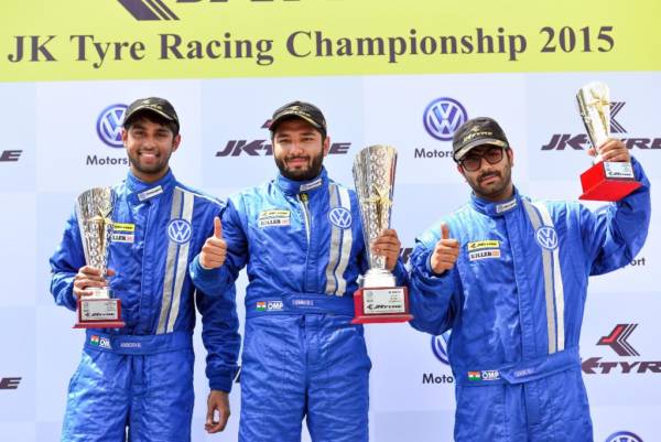 Vento Cup Round 1 Race 2 Winner Karminder Singh (centre), 2nd position Anindith Reddy (left) and 3rd position Sahil Gahuri (right)