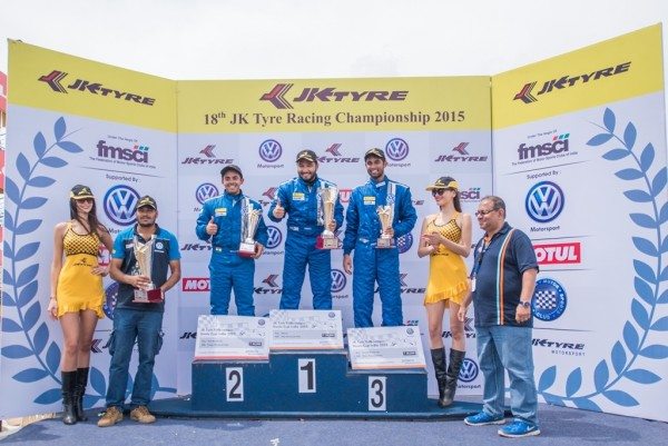 Karminder Singh (1st), Ishaan Dodhiwala (2nd) and Anindith Reddy (3rd) on podium of Race 2 of Round 2 - Vento Cup 2015