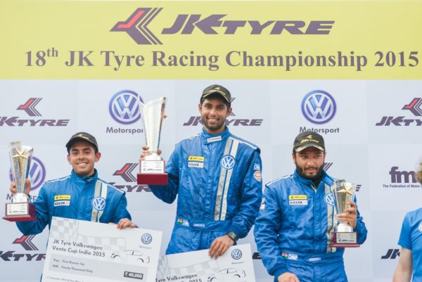 Race winner Anindith Reddy (centre), 2nd position finishers Ishaan Dodhiwala (left) and 3rd position finisher Karminder Singh (right) of Round 2 Race 1 of Volkswagen Vento Cup 2015