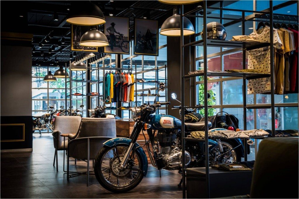 A Royal Enfield proudly stands at the new the company's new exclusive store in Bangkok launched today