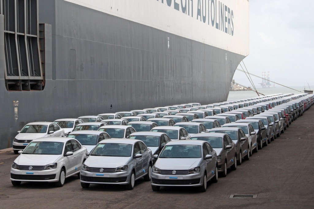 Volkswagen cars lined up for shipping from Mumbai Port