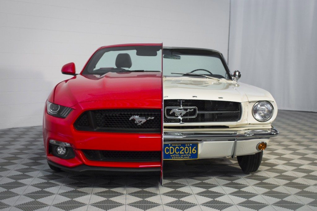 A, split-personality Ford Mustang joins the new permanent Intellectual Property Power™ Exhibit at the Alexandria, Virginia, United States Patent and Trademark Office. The one-of-a-kind Mustang display uniquely fuses 50 years of history by combining a 1965 Mustang and a 2015 model.
