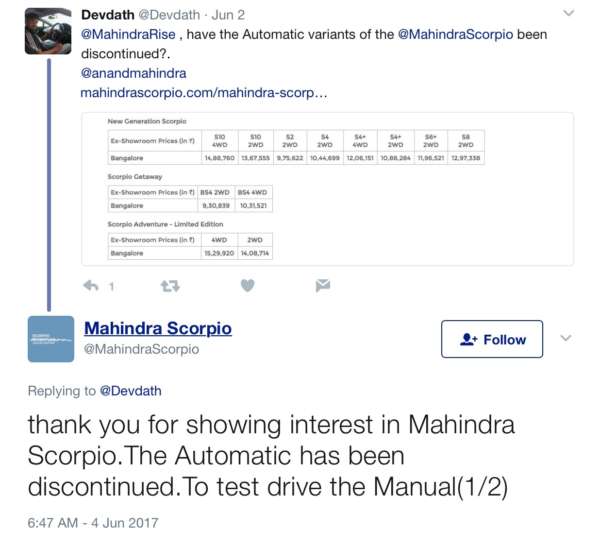 Mahindra Scorpio Automatic discontinued