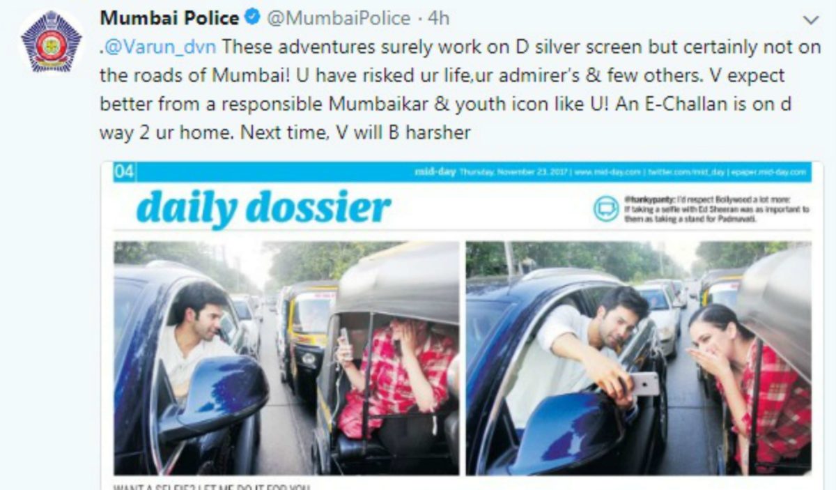 Mumbai Police Warn Varun Dhavan Facebook