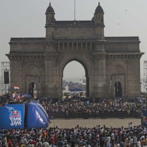 Red Bull FMX Jam Mumbai  World renowned athletes with the national flag at Gateway of India