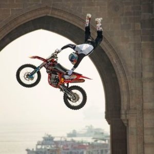 Red Bull FMX athlete Robbie Maddison showcasing his skills at Gateway of India Mumbai