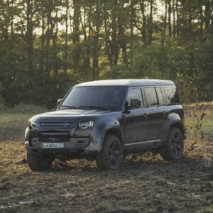 Behind the scenes image of the New Land Rover Defender featured in No Time To Die