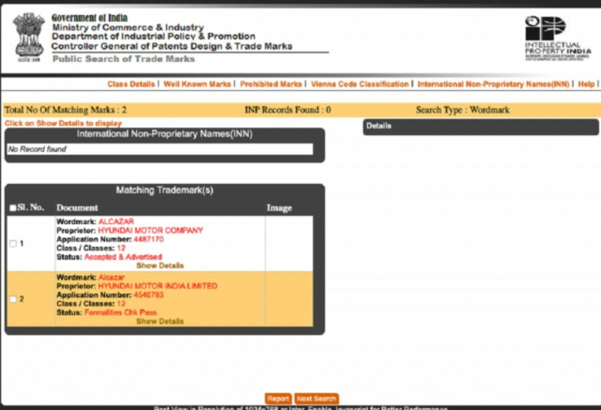 hyundai alcazar 7 seater creta trademark registered