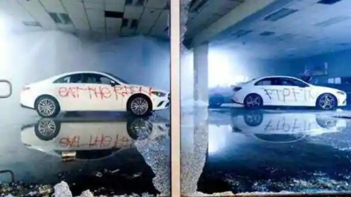 mercedes showroom vandalised