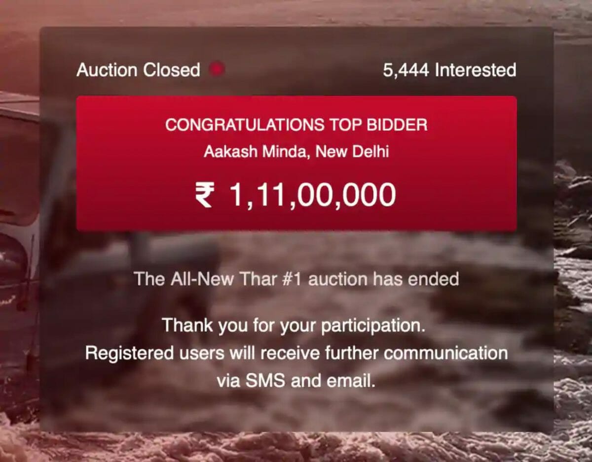 Mahindra Thar auctioned