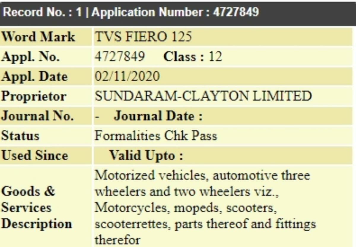 TVS Fiero 125 trademark