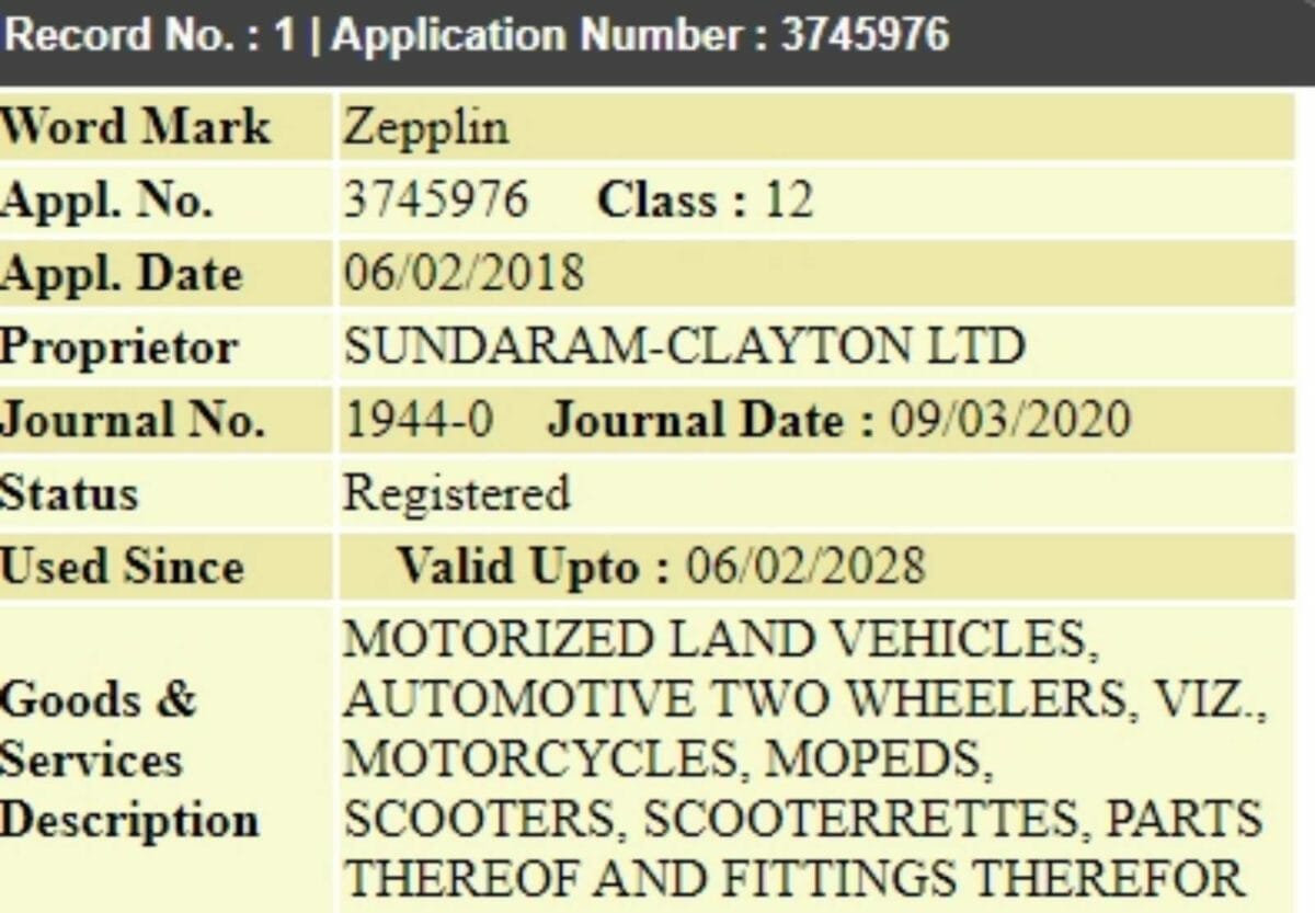 TVS Zepplin Trademark