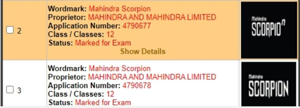 Mahindra scorpion trademark