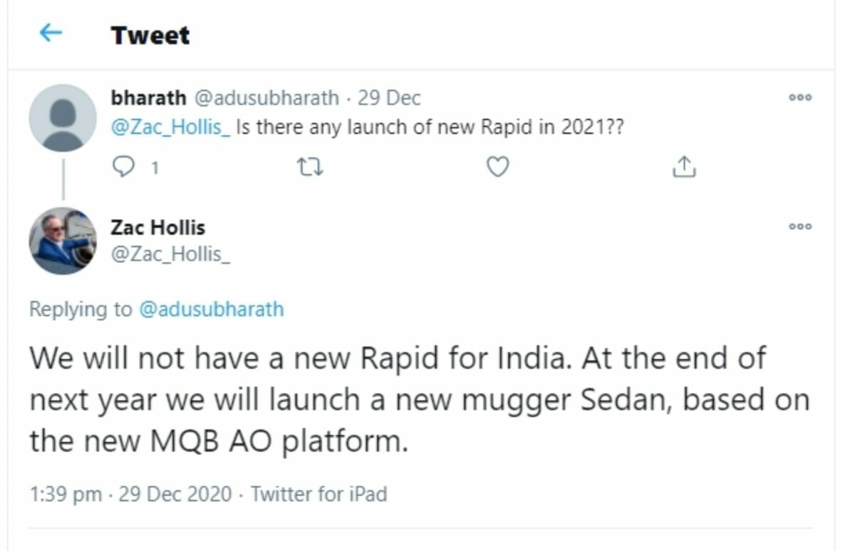 Skoda rapid zac hollis tweet