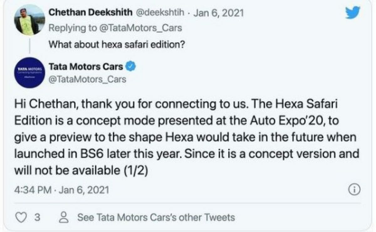 Tata Motors’ tweet on Hex BS6