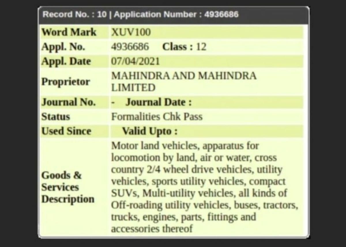 Mahindra XUV100 Trademark