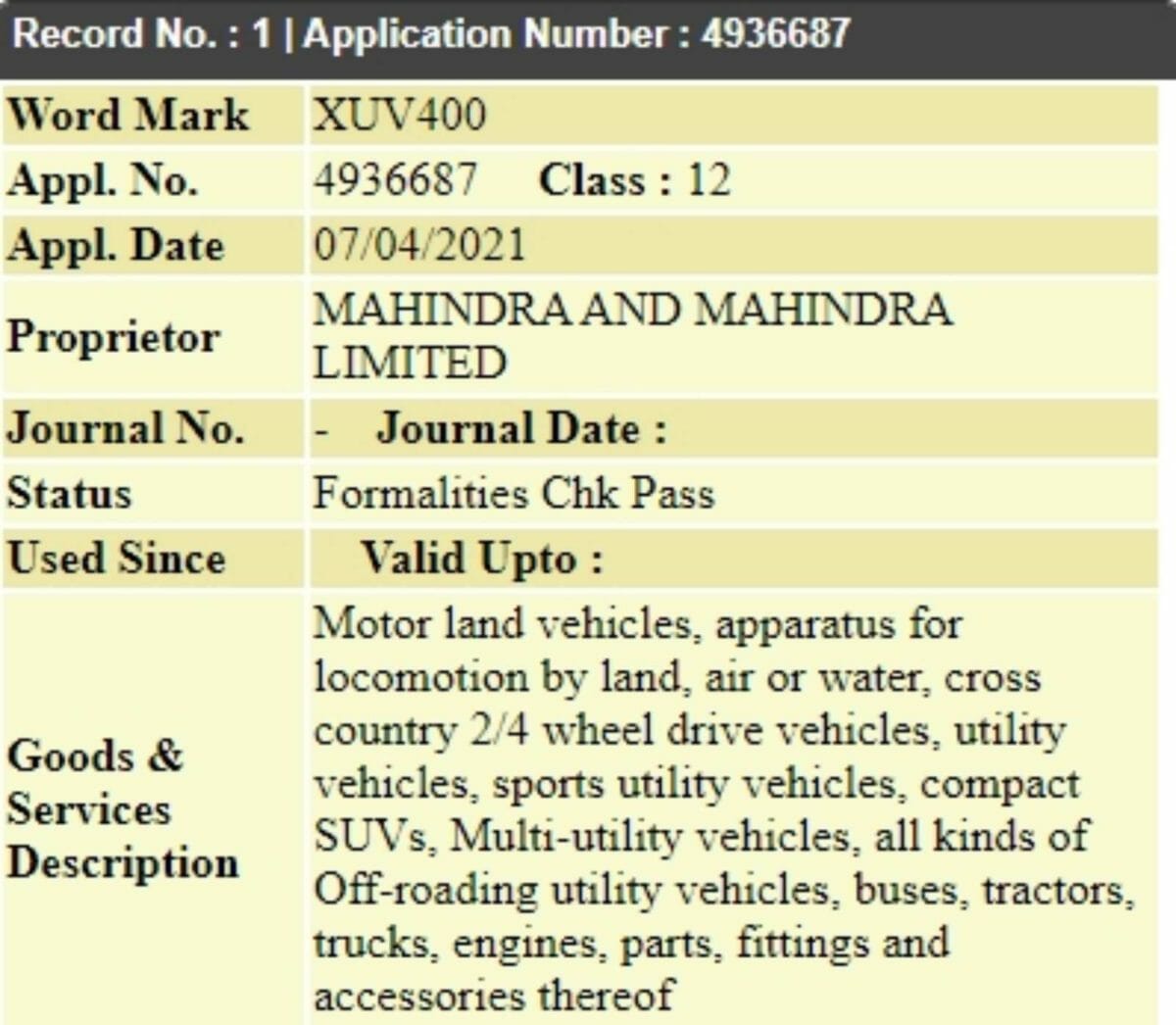 Mahindra XUV400 trademark