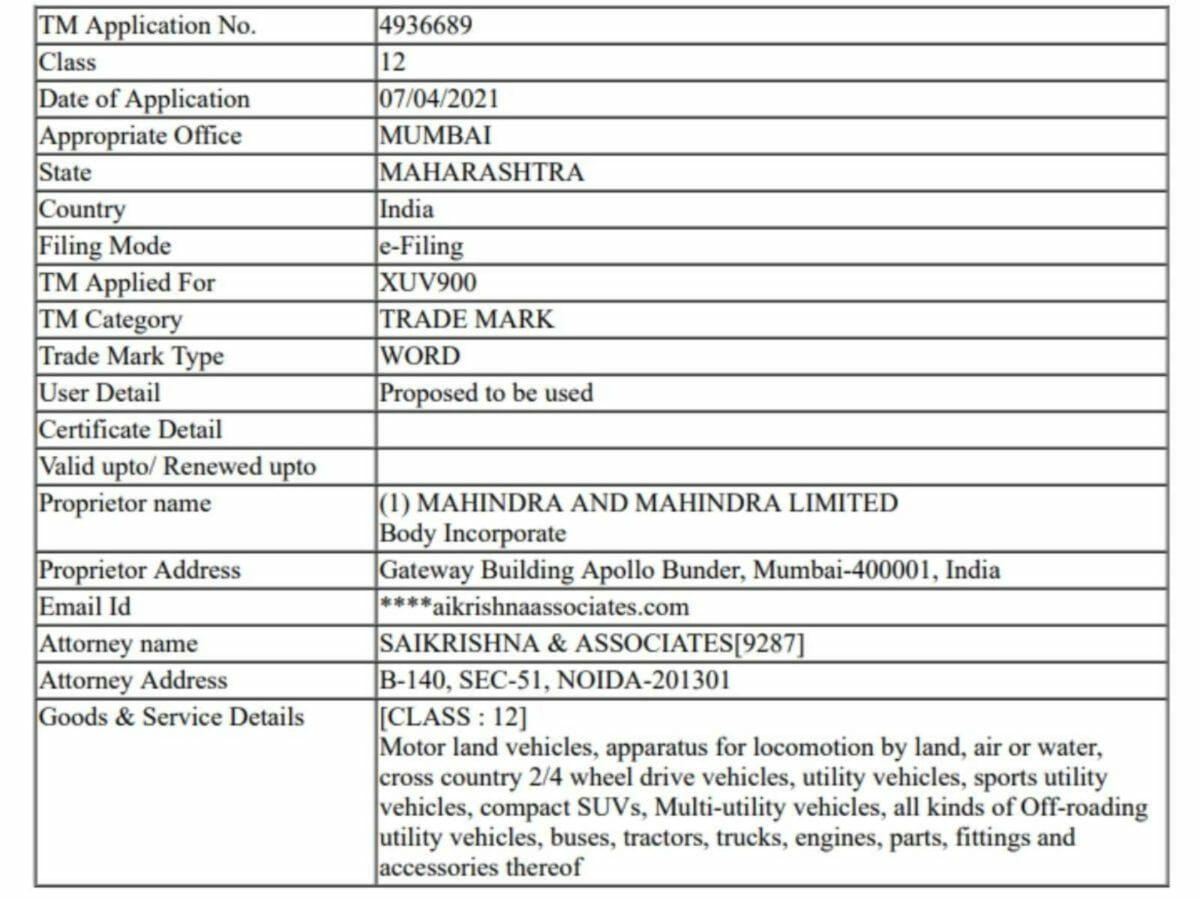 Mahindra XUV900 Trademark