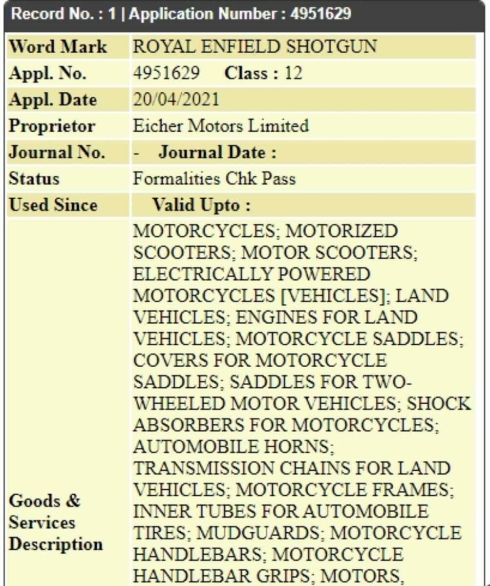 Royal enfield shotgun trademark