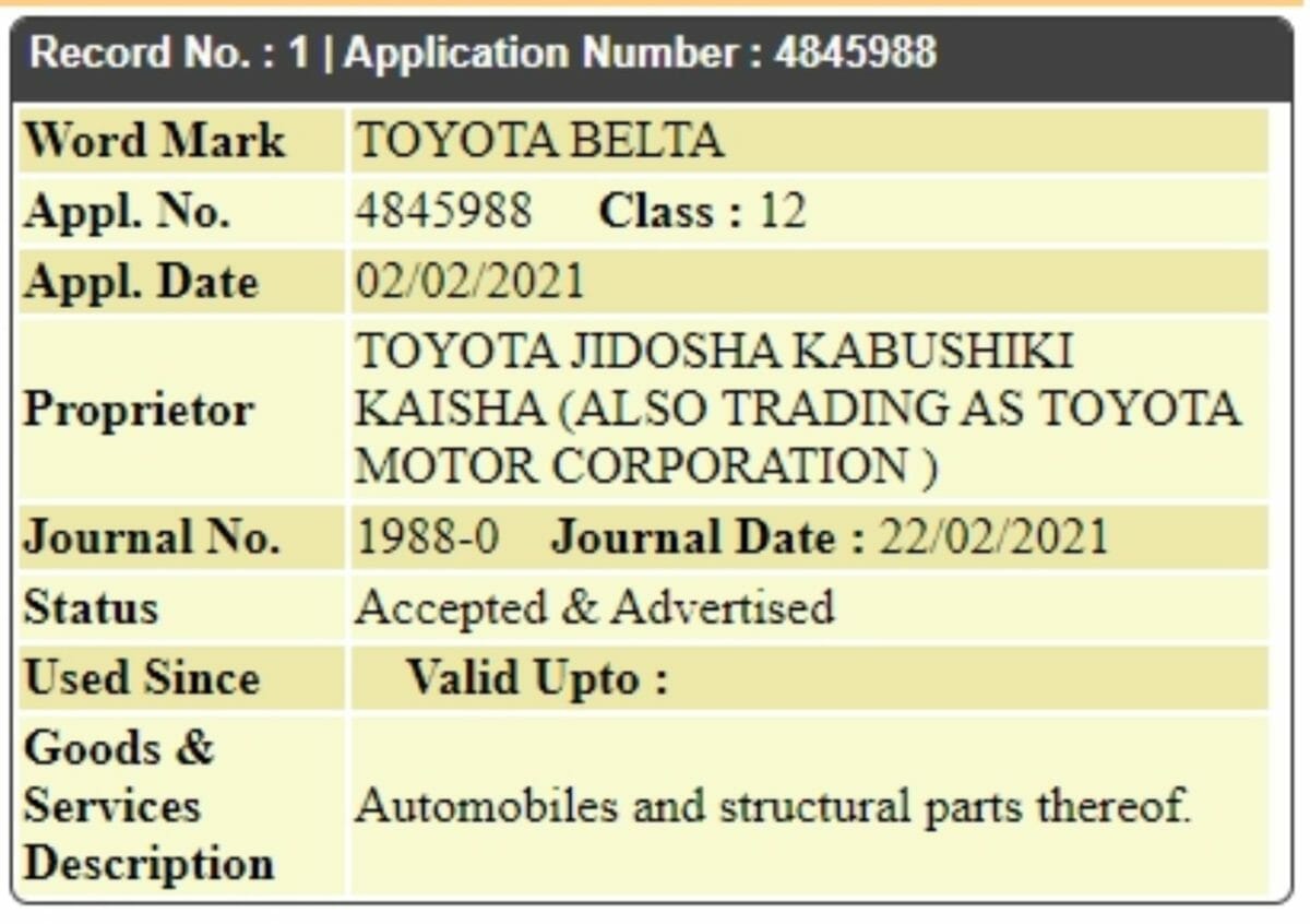 Toyota Belta trademark