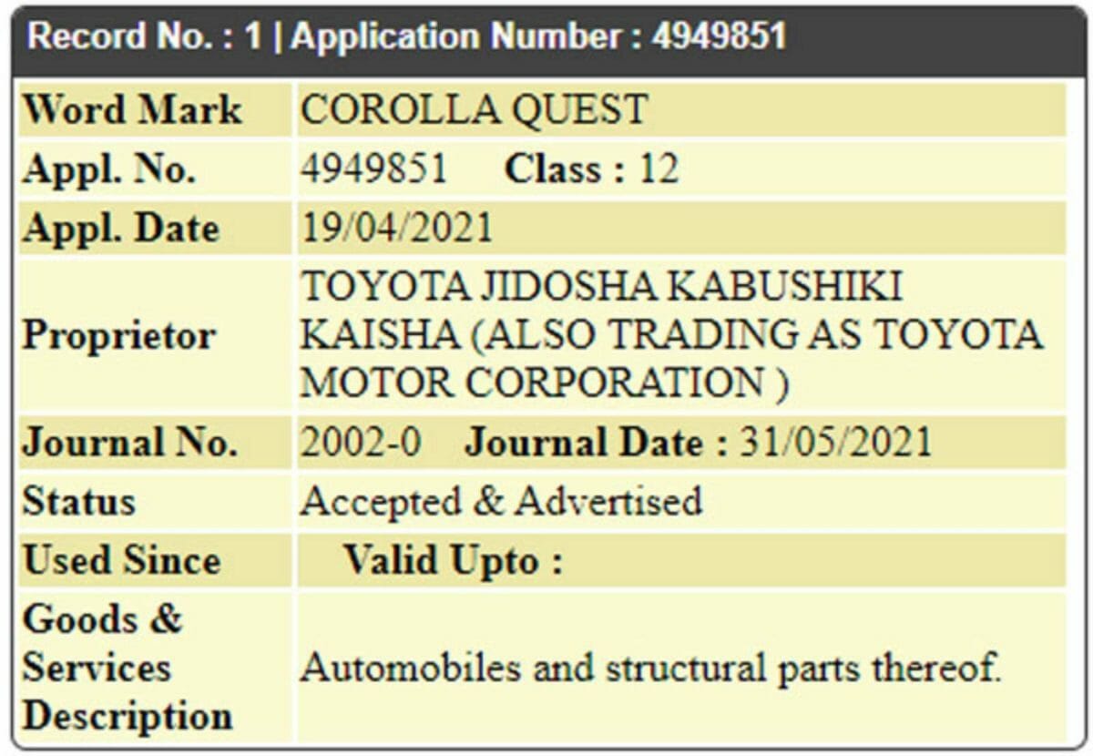 Toyota Corolla Quest trademark