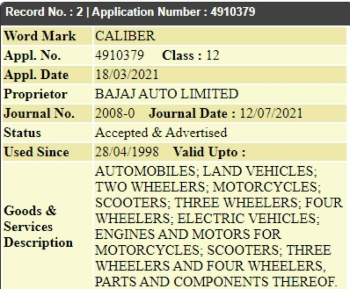 bajaj caliber trademark