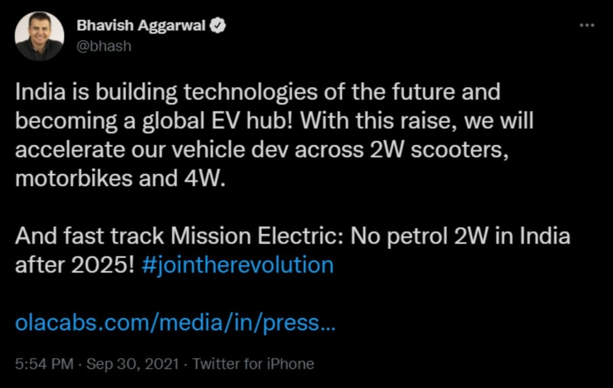 Bhavish Aggarwal Tweet, 30 Sept 2021