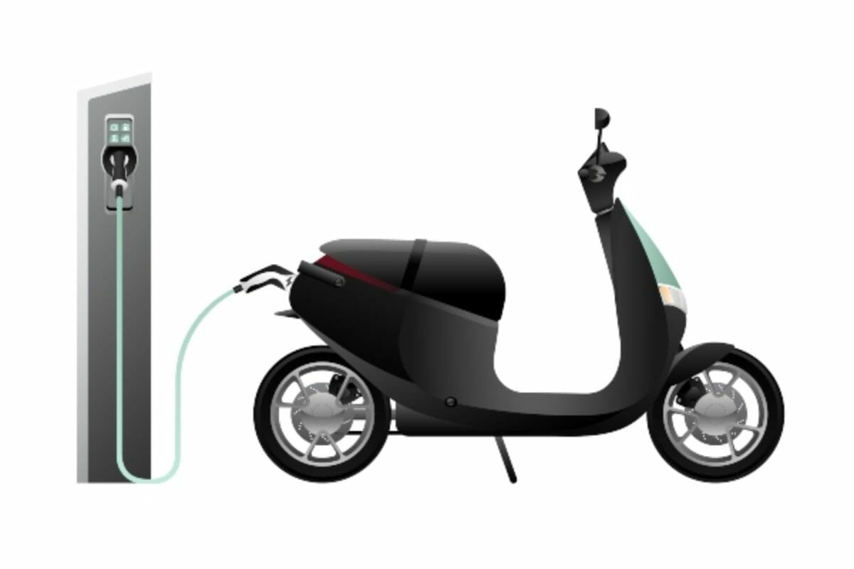 Electric scooter for sharing with charging station. Vector illustration