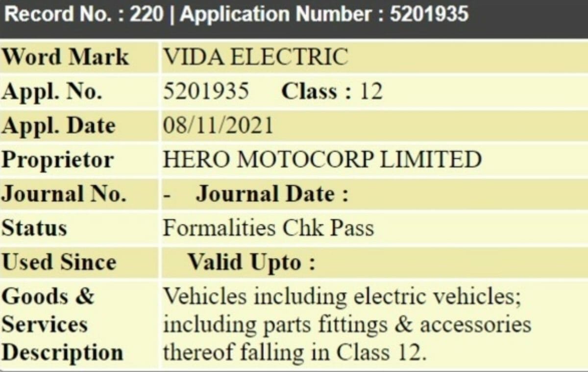 Hero MotoCorp Vida Electric Patent