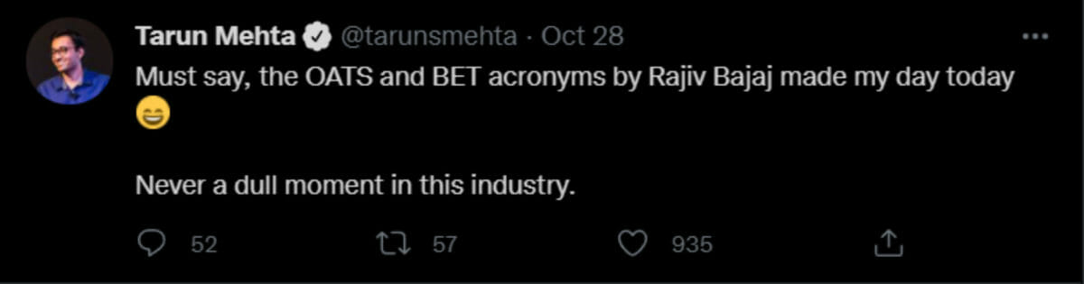 Tarun Mehta’s tweet to Rajiv Bajaj