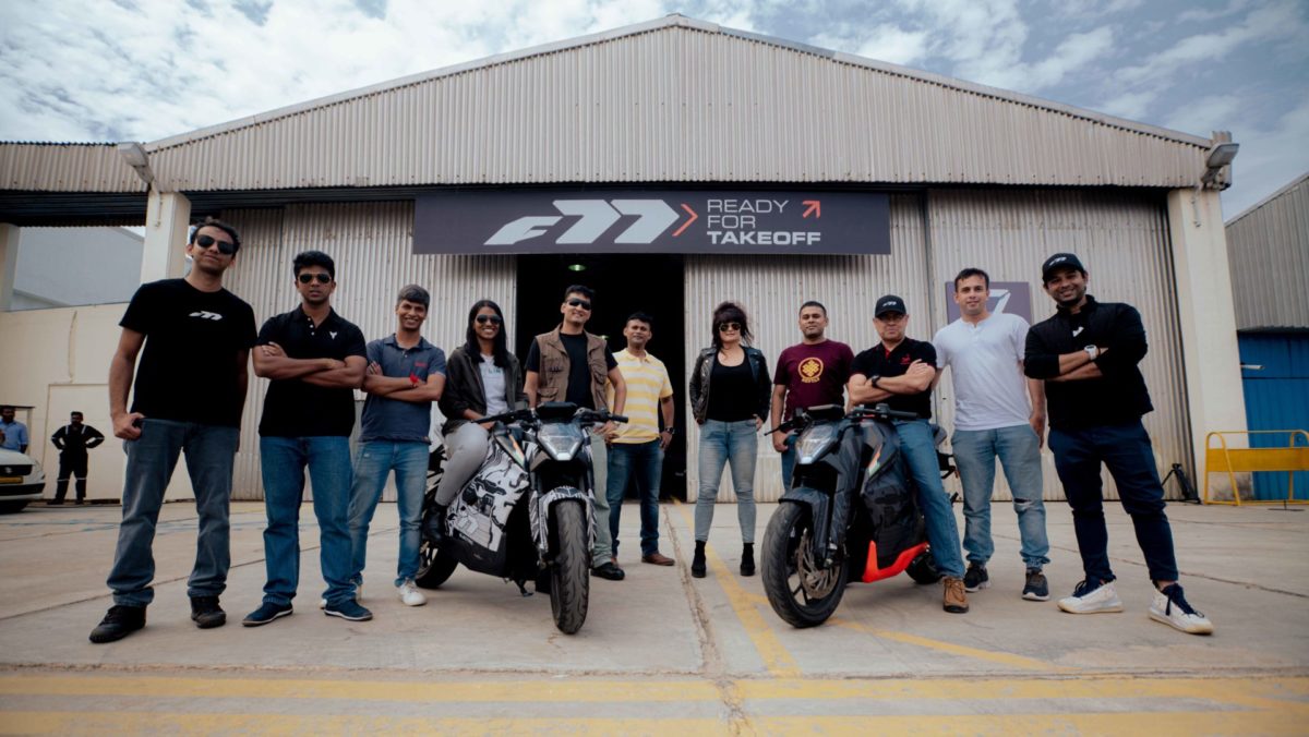 Ultraviolette Cofounders Narayan and Niraj with the pilots at the very first public test ride of the F